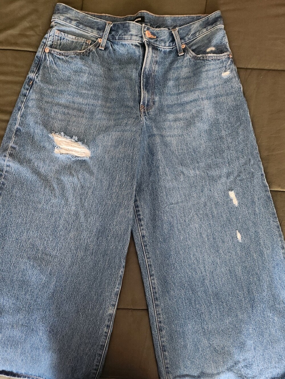 Women's High Rise Wide Leg Ankle Length Distressed Blue Denim Jeans
